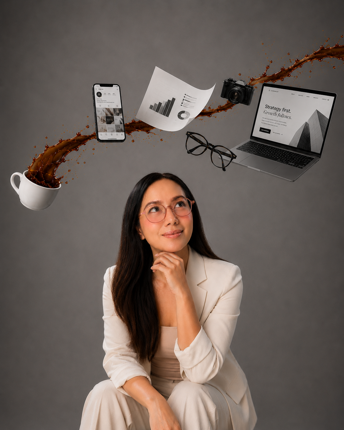 Marketing strategy tools — camera, phone, laptop, analytics